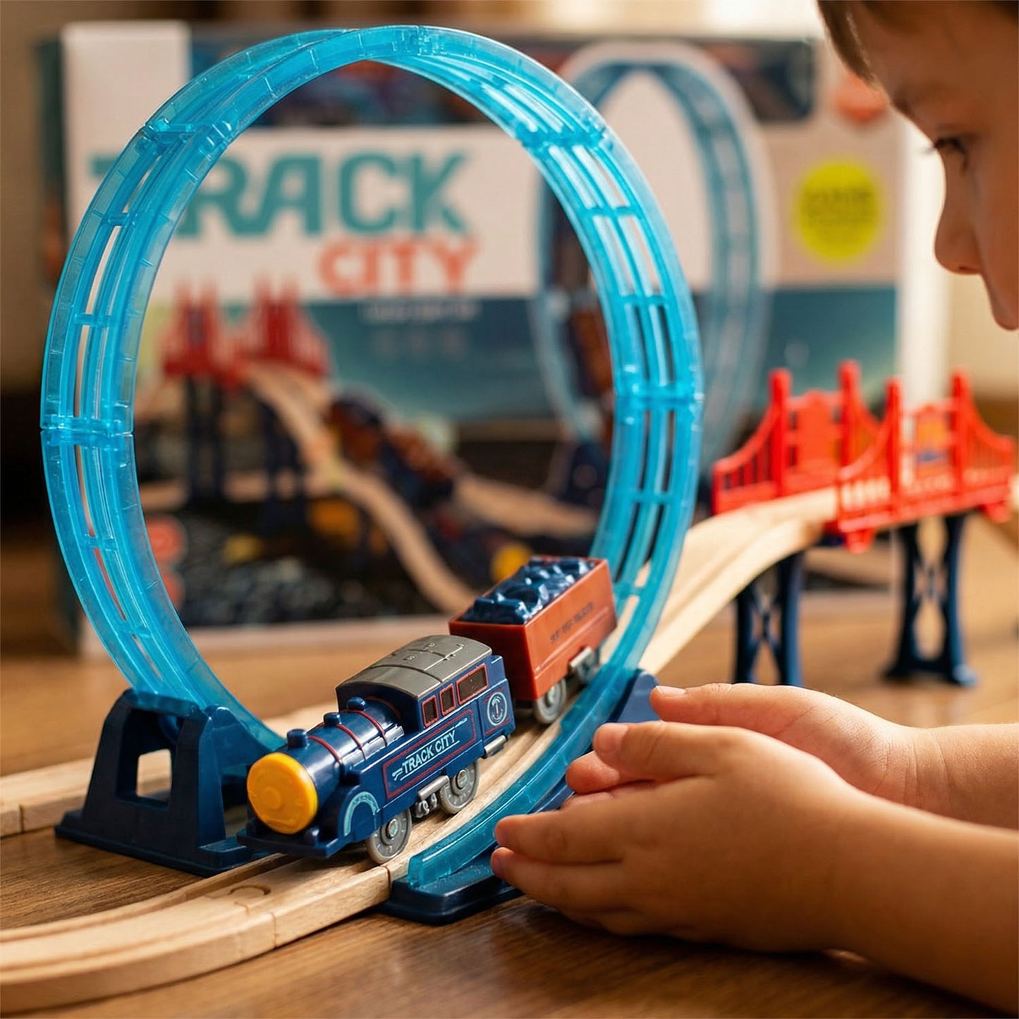Kids indoor electric train track set with 54 pieces and loop design