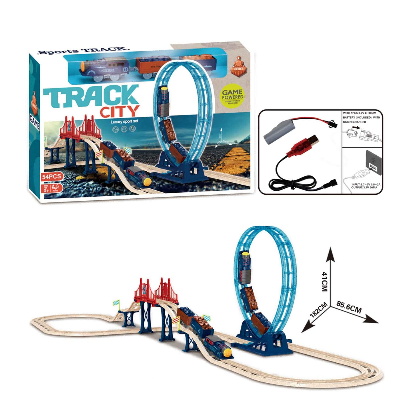 Track City electric train track playset with loop track and bridge for kids

Electric toy train set with circular loop and elevated bridge section

Battery powered train track playset with rechargeable train engine

Kids indoor electric train track set with 54 pieces and loop design

Track City train track toy set for imaginative railway play