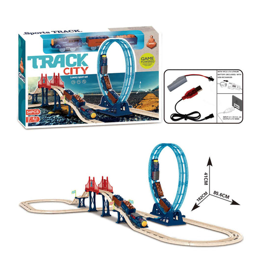 Track City electric train track playset with loop track and bridge for kids

Electric toy train set with circular loop and elevated bridge section

Battery powered train track playset with rechargeable train engine

Kids indoor electric train track set with 54 pieces and loop design

Track City train track toy set for imaginative railway play