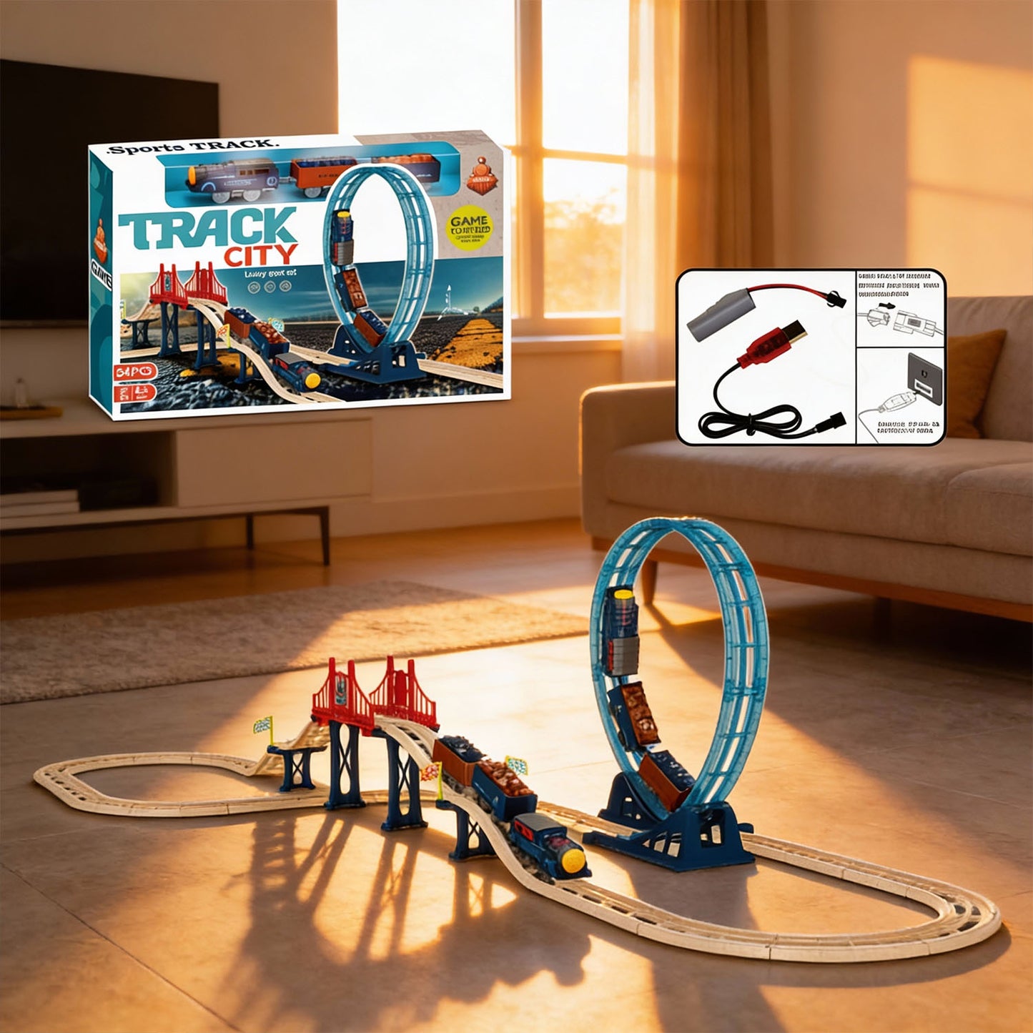 Electric Track City loop train set with motorized train and loop-the-loop track for kids