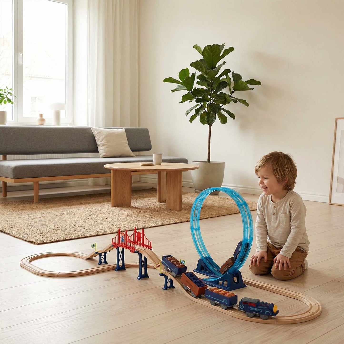 Electric toy train set with circular loop and elevated bridge section