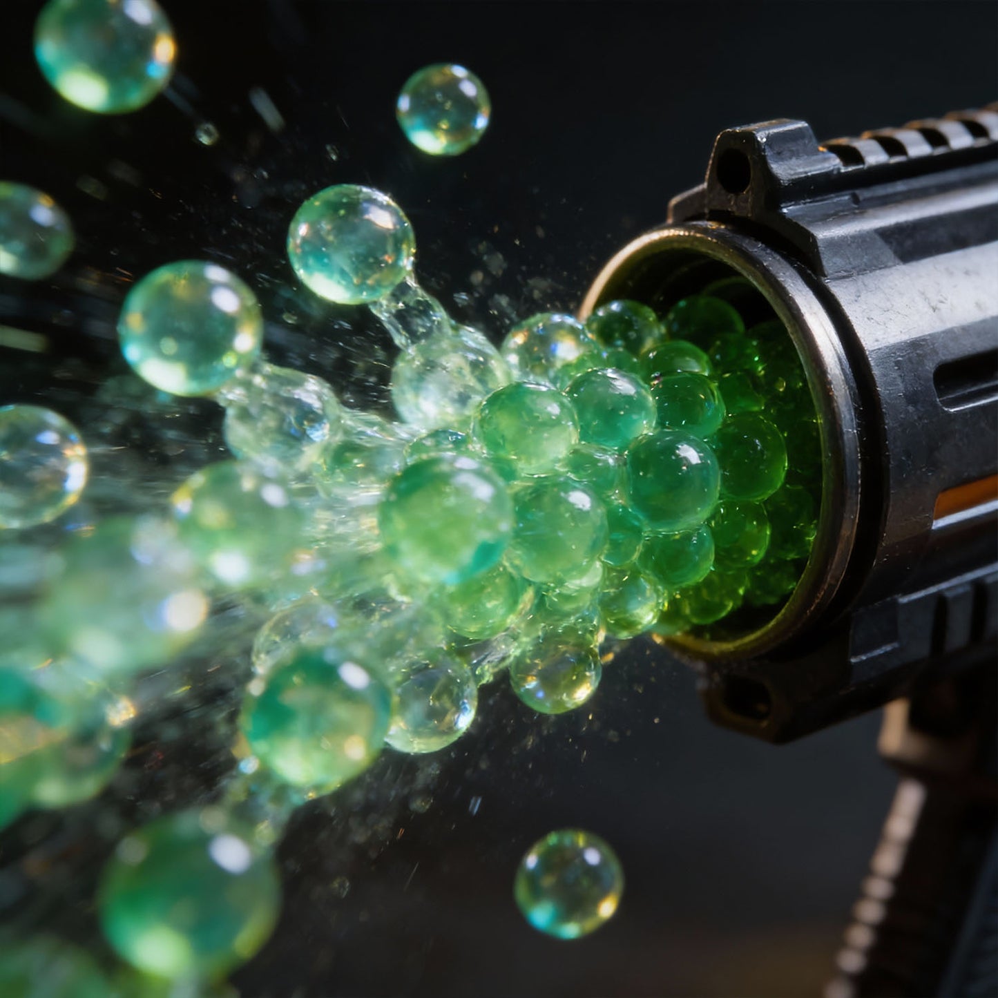 Close-up of a gun-like device releasing green gel balls against a dark background
