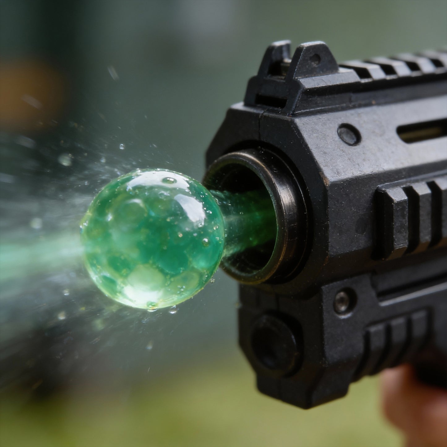 Black gun-like device firing a green spherical projectile against a blurred natural background