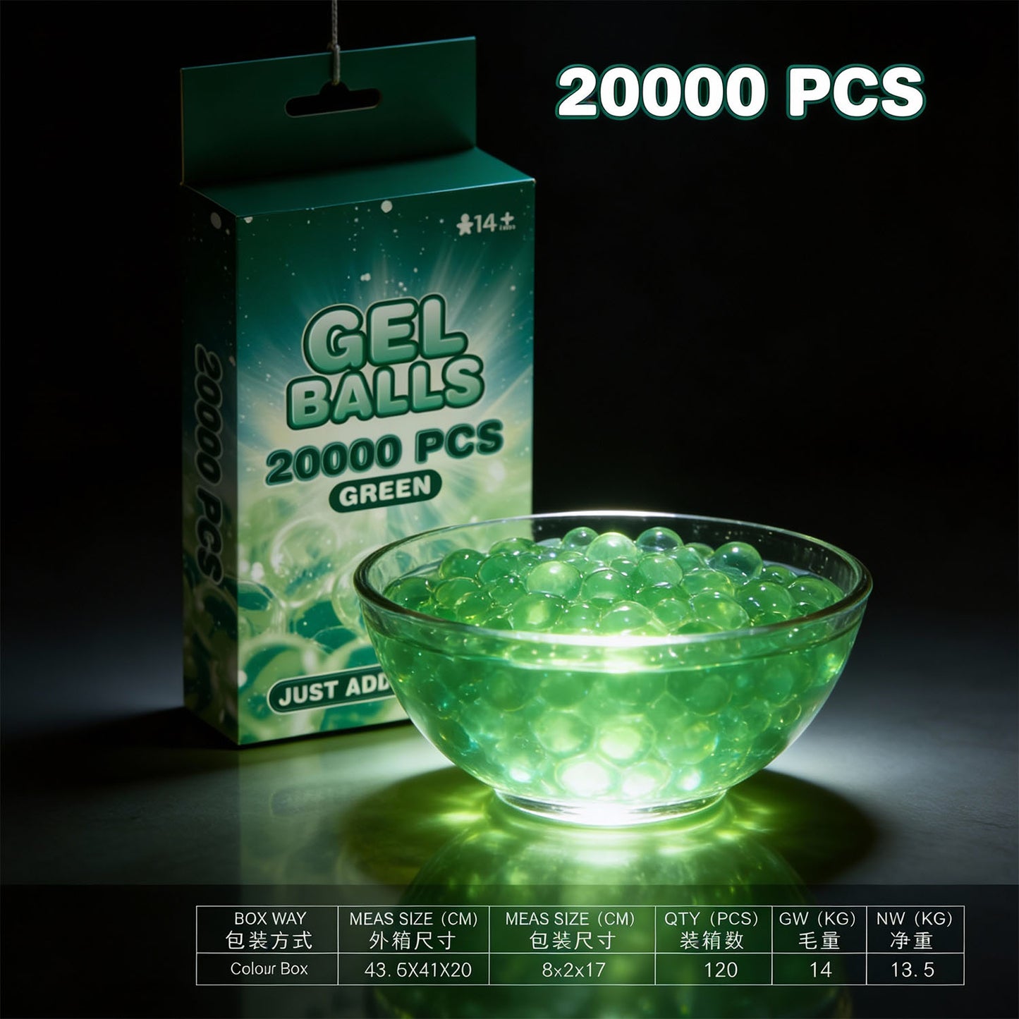 Green gel balls in a bowl with packaging labeled '20000 PCS' on a dark background