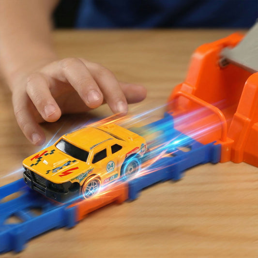 Toy car on a track with a child's hand interacting with it on a wooden surface