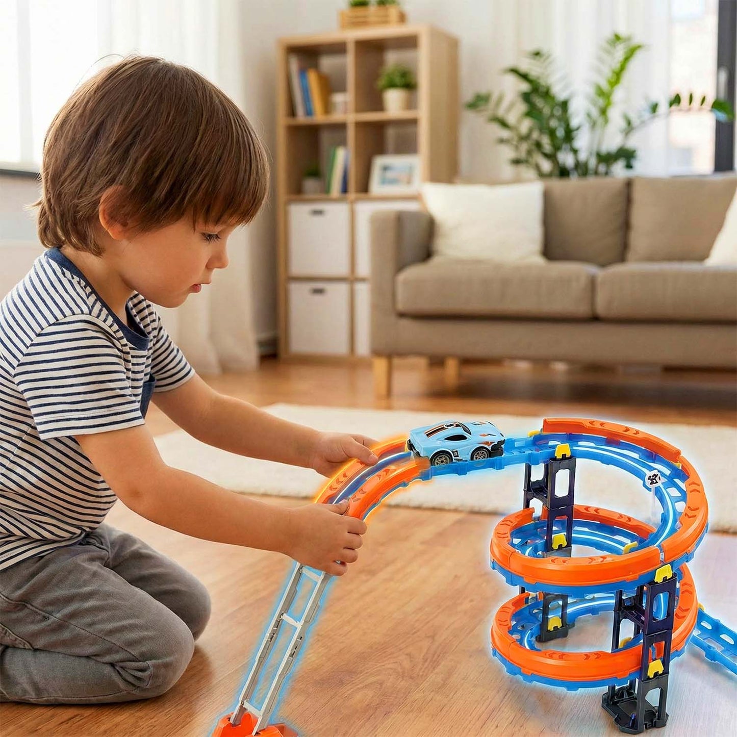Light up racing track toy with electric car