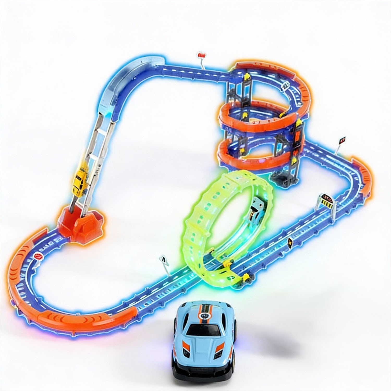 Kids glow racing track toy with loops and ramps