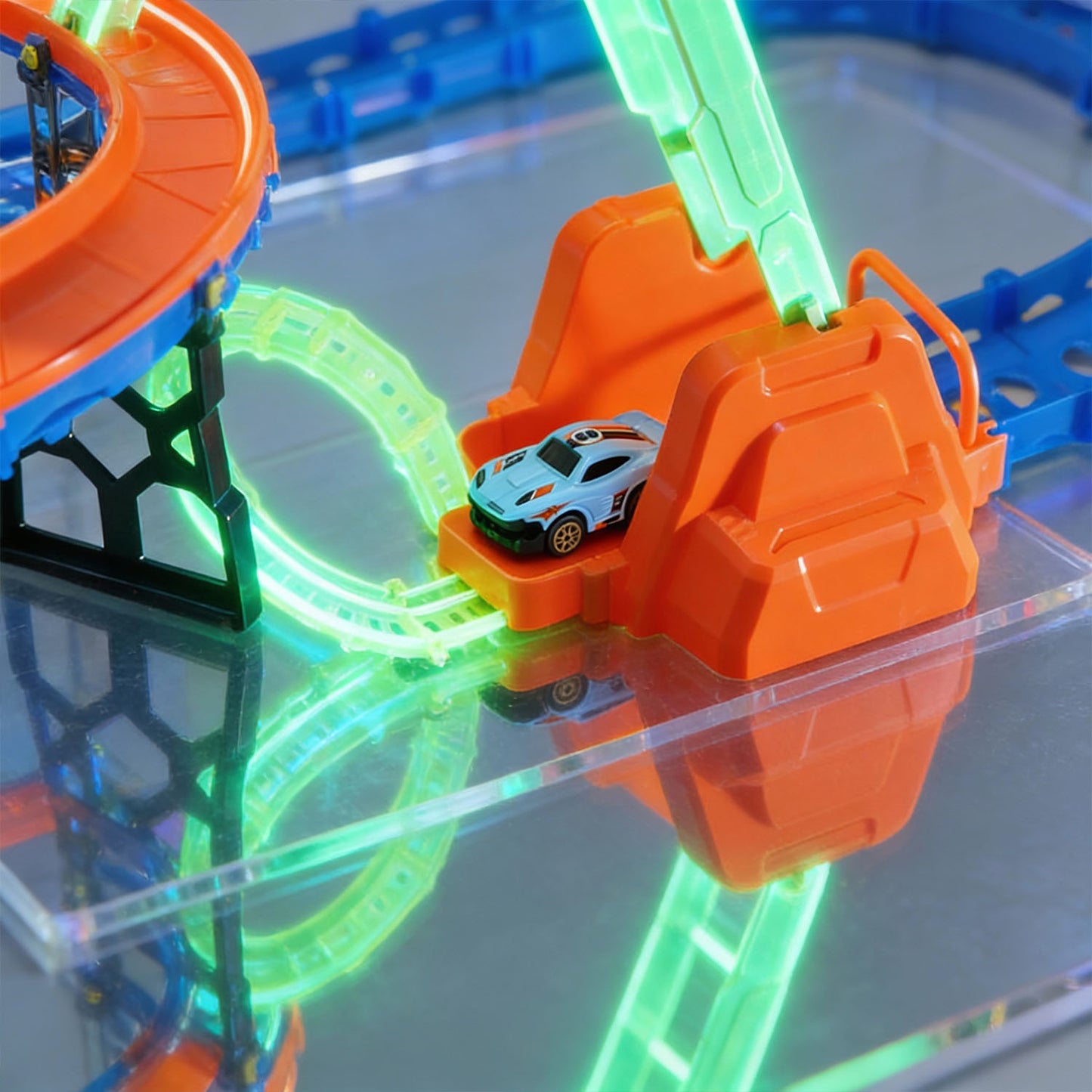 Kids glow racing track toy with spiral ramps