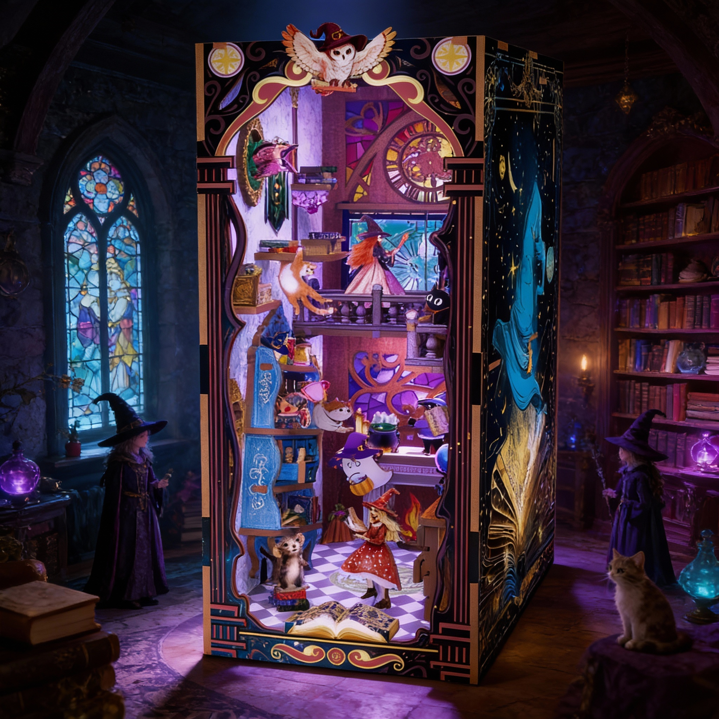 3D miniature book nook insert with detailed fantasy scene and lighting