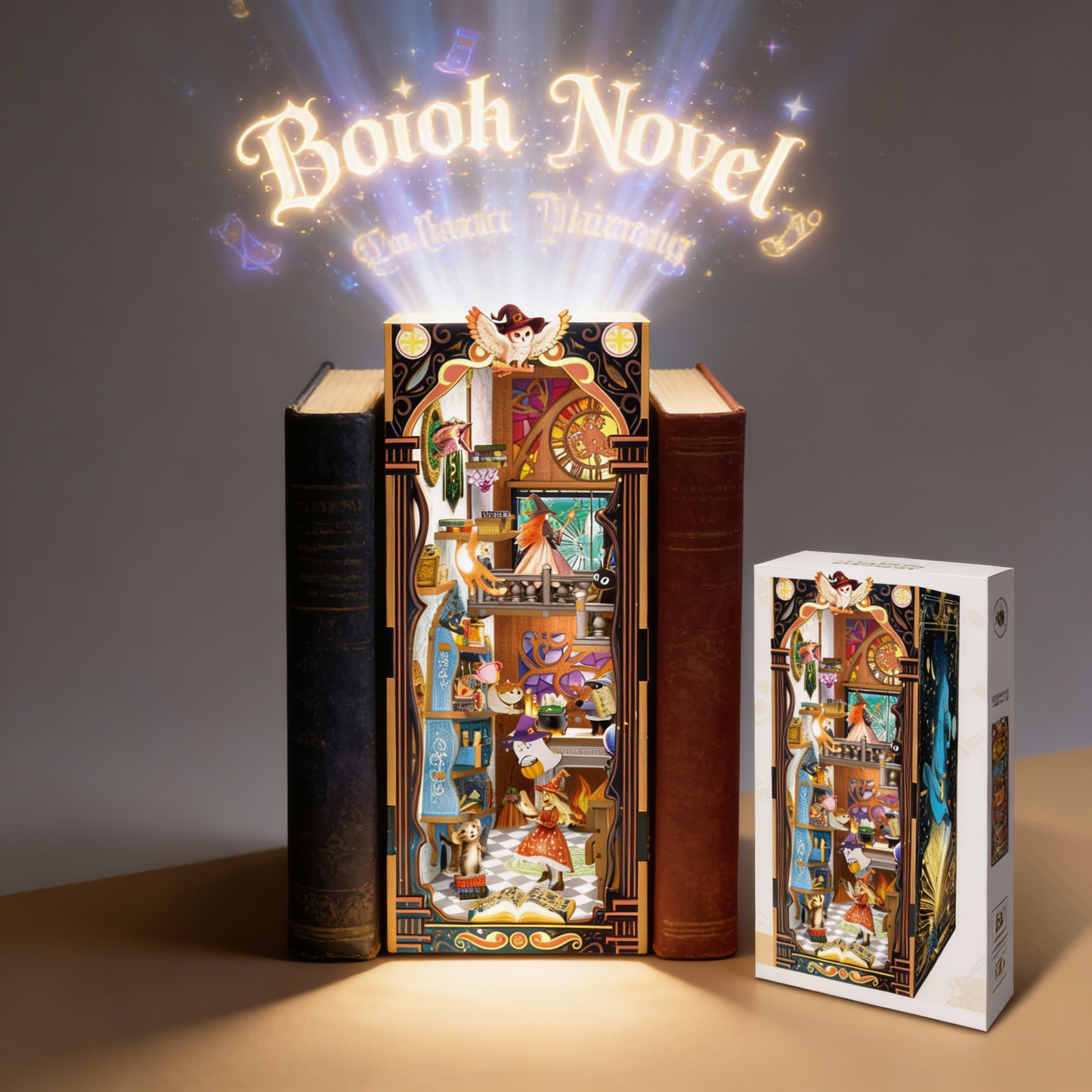 3D miniature book nook insert with detailed fantasy scene and lighting