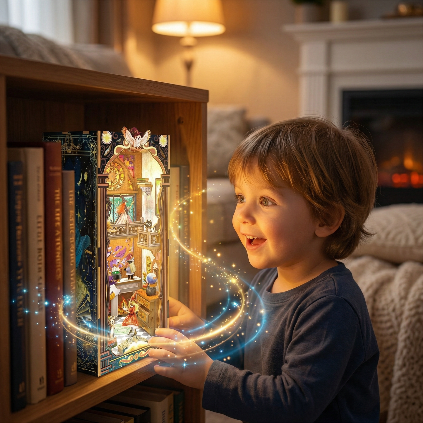 3D miniature book nook insert with detailed fantasy scene and lighting
