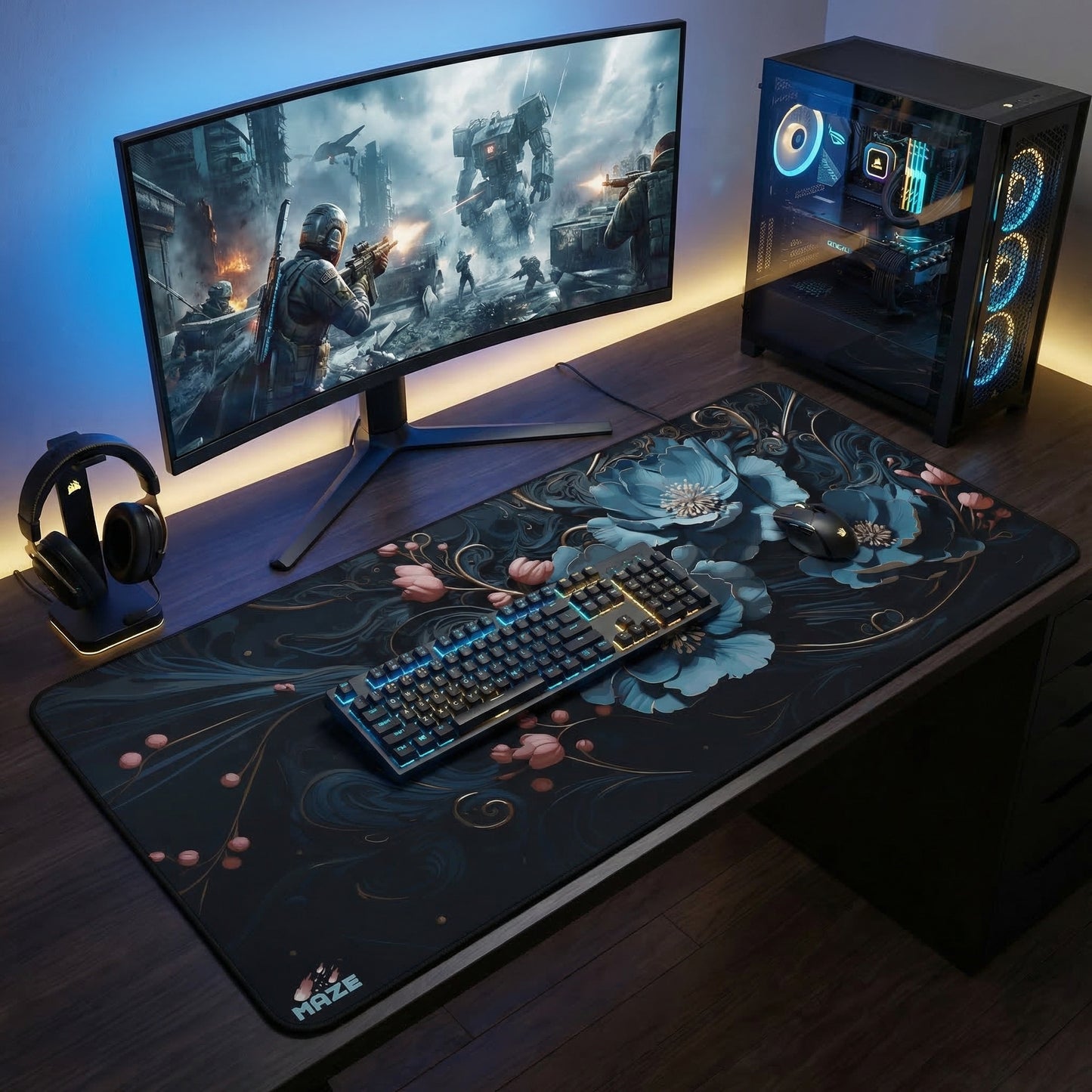 MAZE Light Series Floral-CLB 2XL extended gaming desk mat blue floral design