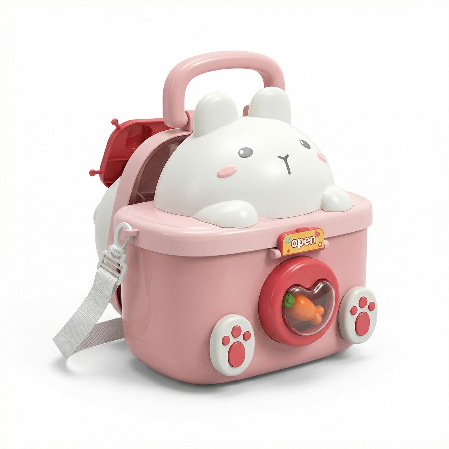 Pink toy washing machine with a cartoon cat on top 
