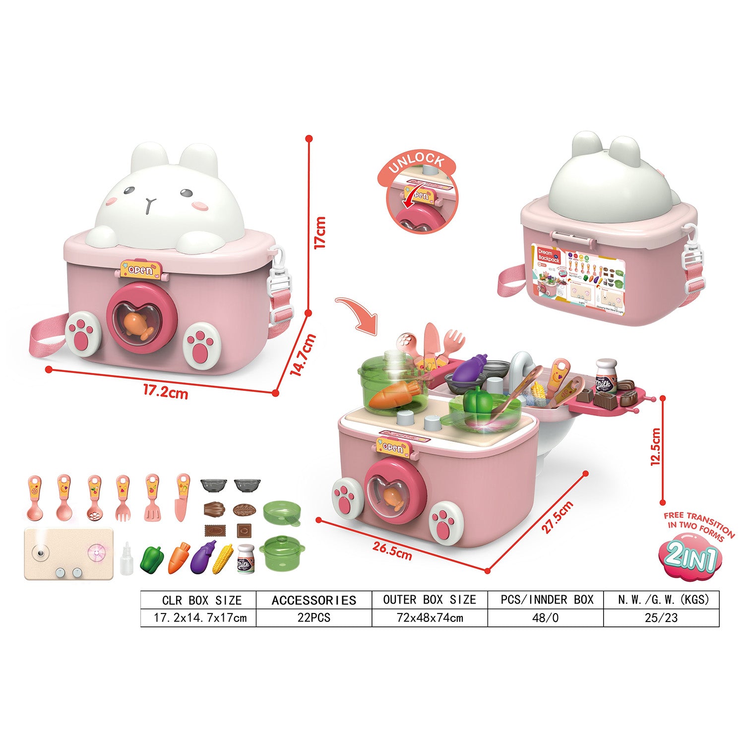 Pink toy kitchen set with measurements and accessories