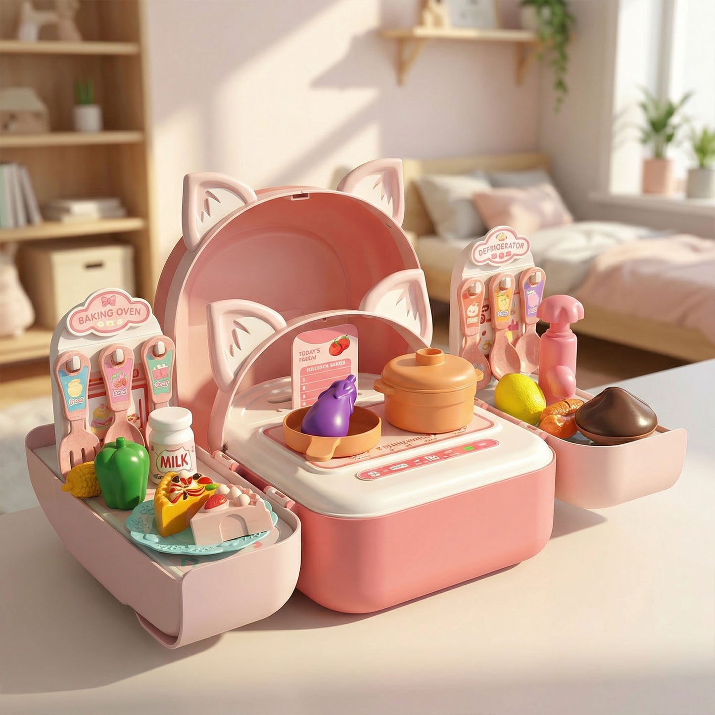 Pink toy kitchen set with various accessories on a table in a bright room.
