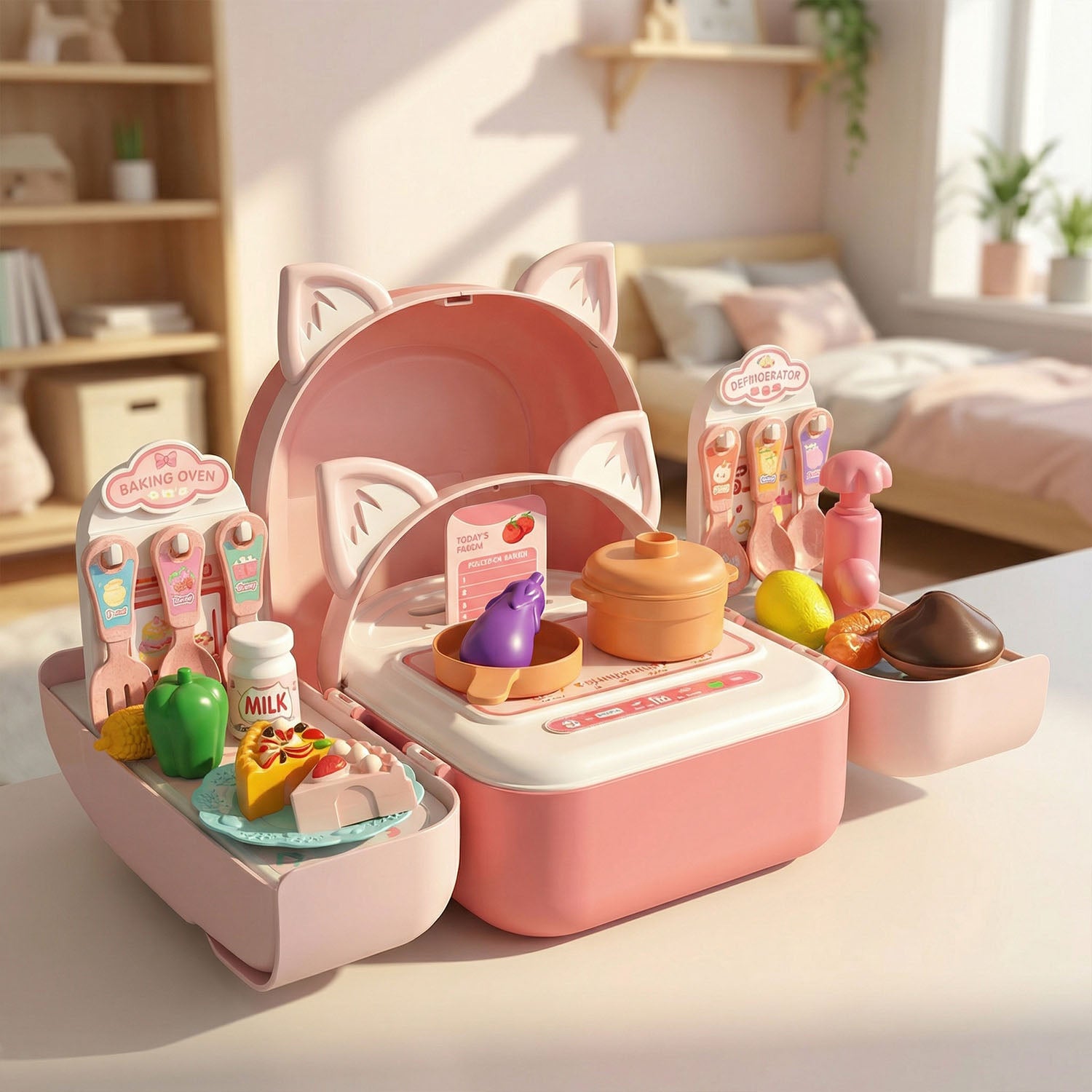 Pink toy kitchen set with various accessories on a table in a bright room.