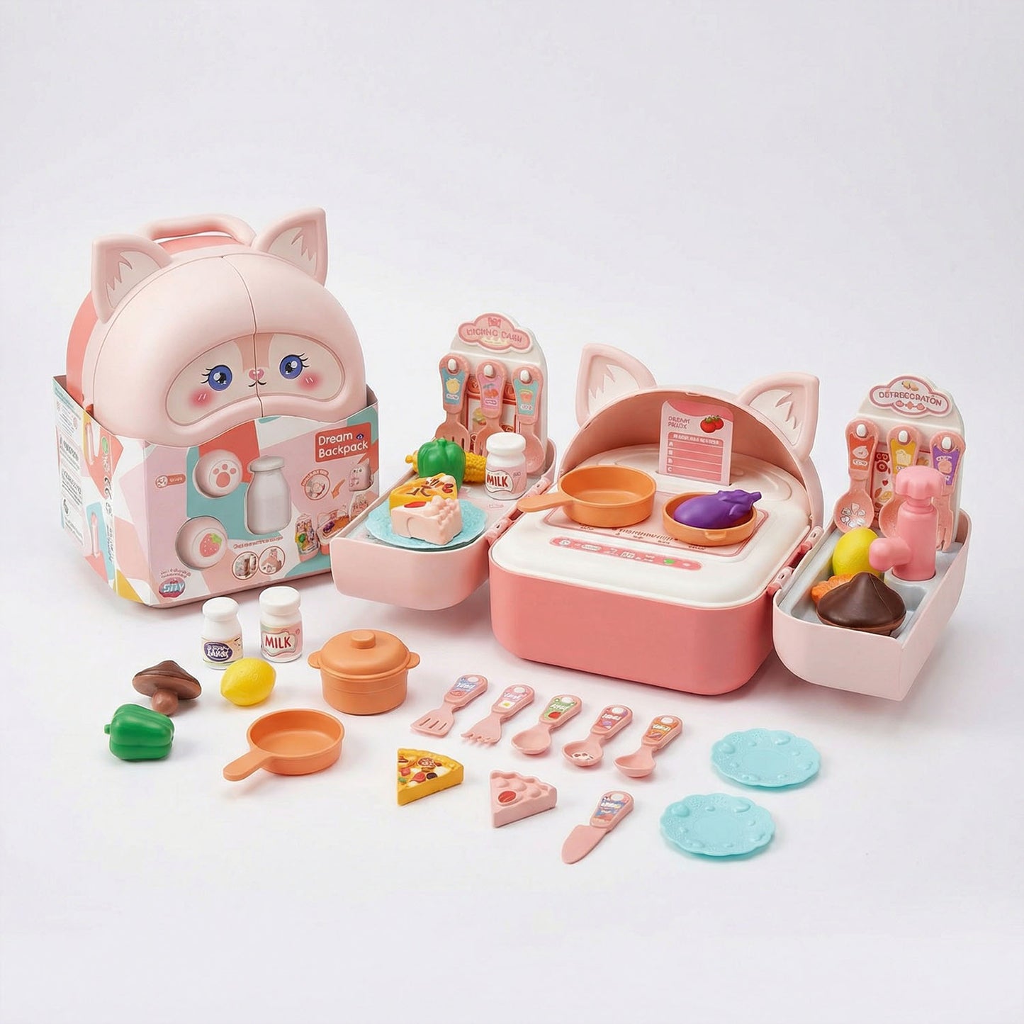Children's toy kitchen set with cat-themed packaging