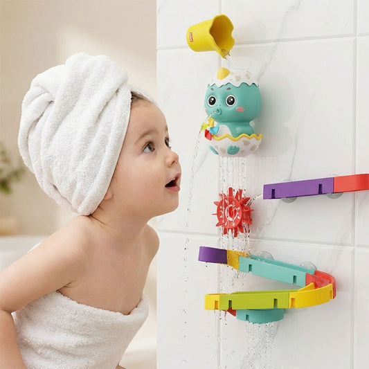 Dinosaur Bath Water Track Toy for Babies and Toddlers – Interactive Suction Cup Waterfall Bath Play Set with Colorful Tracks and Rotating Water Wheels - Qatar