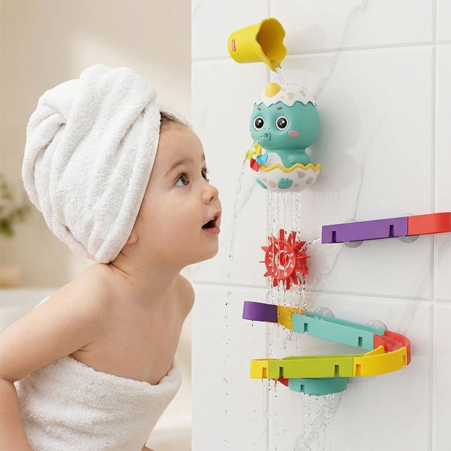 Dinosaur Bath Water Track Toy for Babies and Toddlers – Interactive Suction Cup Waterfall Bath Play Set with Colorful Tracks and Rotating Water Wheels - Qatar