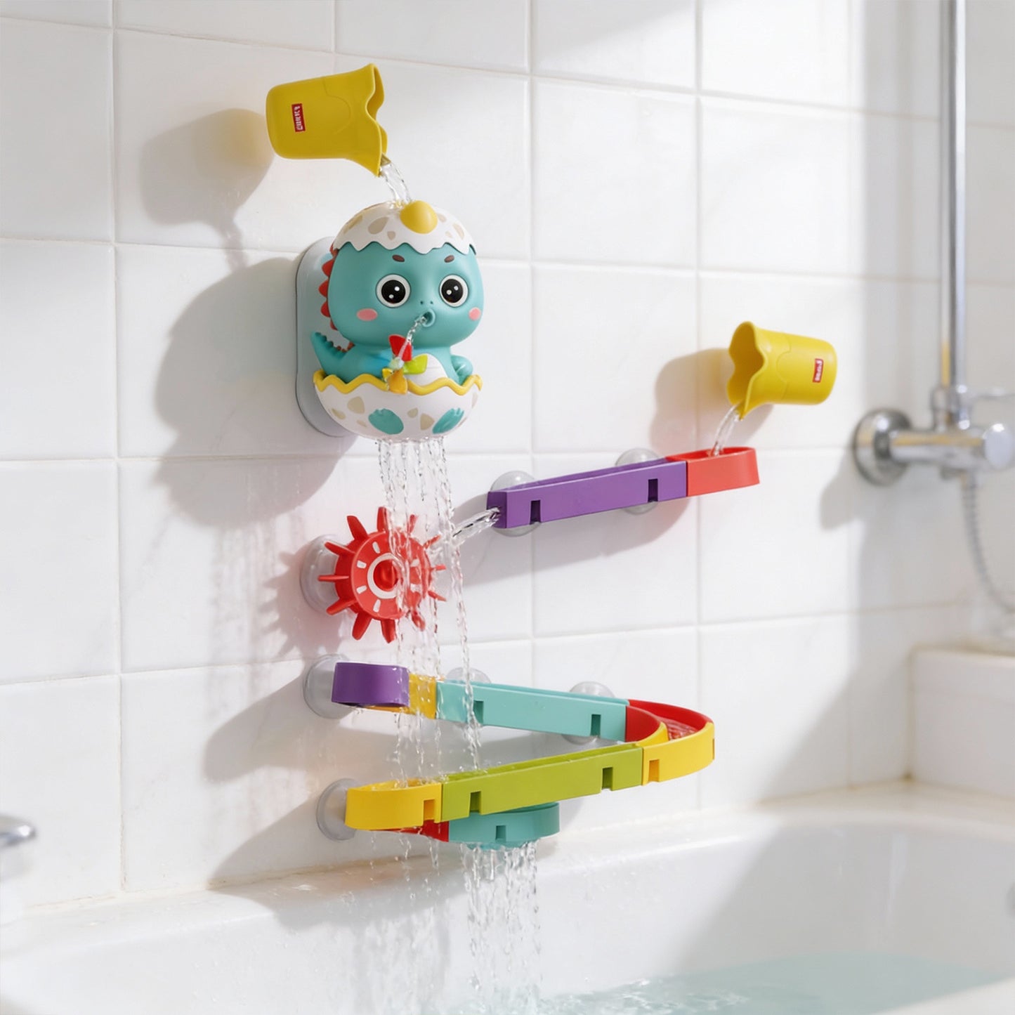 Dinosaur Bath Water Track Toy for Babies and Toddlers – Interactive Suction Cup Waterfall Bath Play Set with Colorful Tracks and Rotating Water Wheels - Qatar