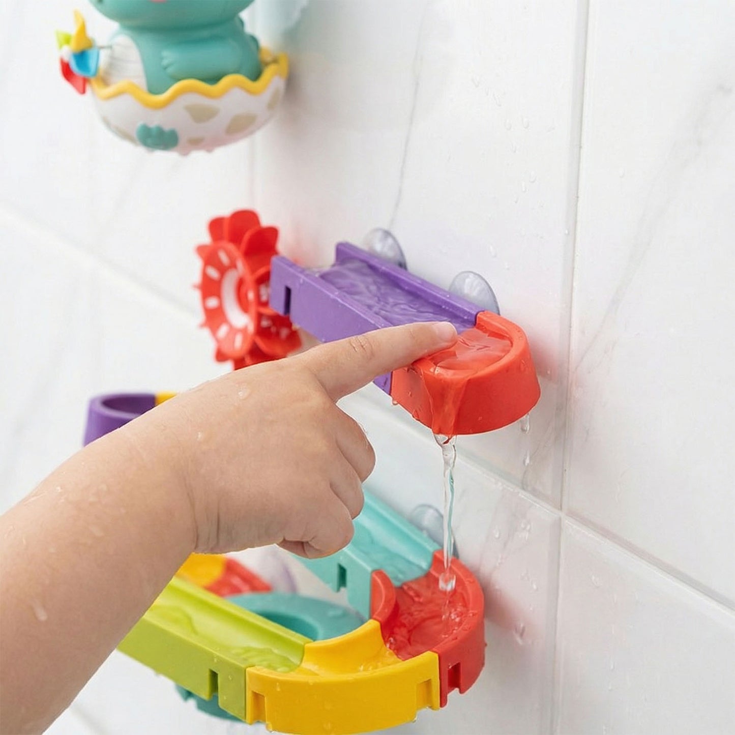 Dinosaur Bath Water Track Toy for Babies and Toddlers – Interactive Suction Cup Waterfall Bath Play Set with Colorful Tracks and Rotating Water Wheels - Qatar