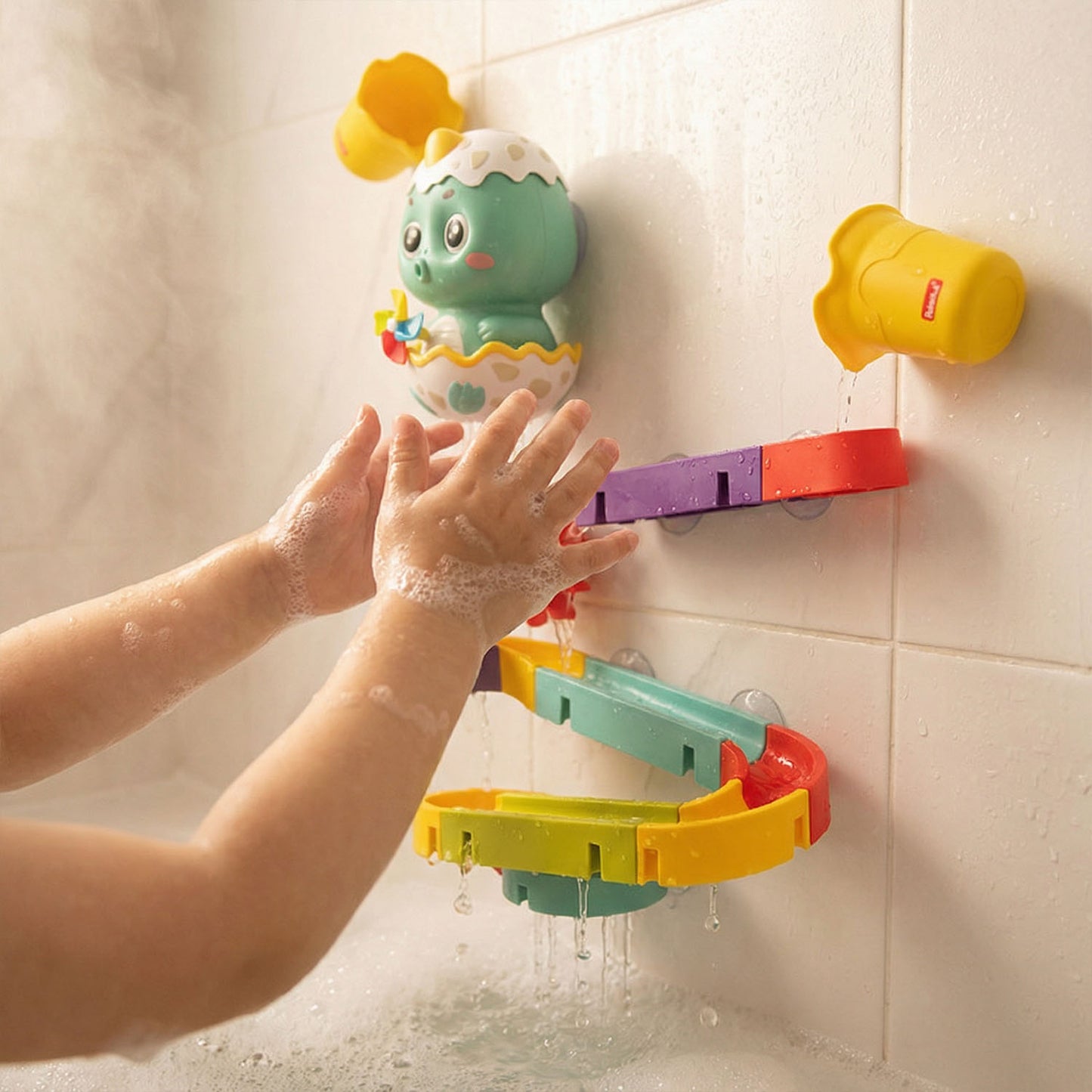 Dinosaur Bath Water Track Toy for Babies and Toddlers – Interactive Suction Cup Waterfall Bath Play Set with Colorful Tracks and Rotating Water Wheels - Qatar