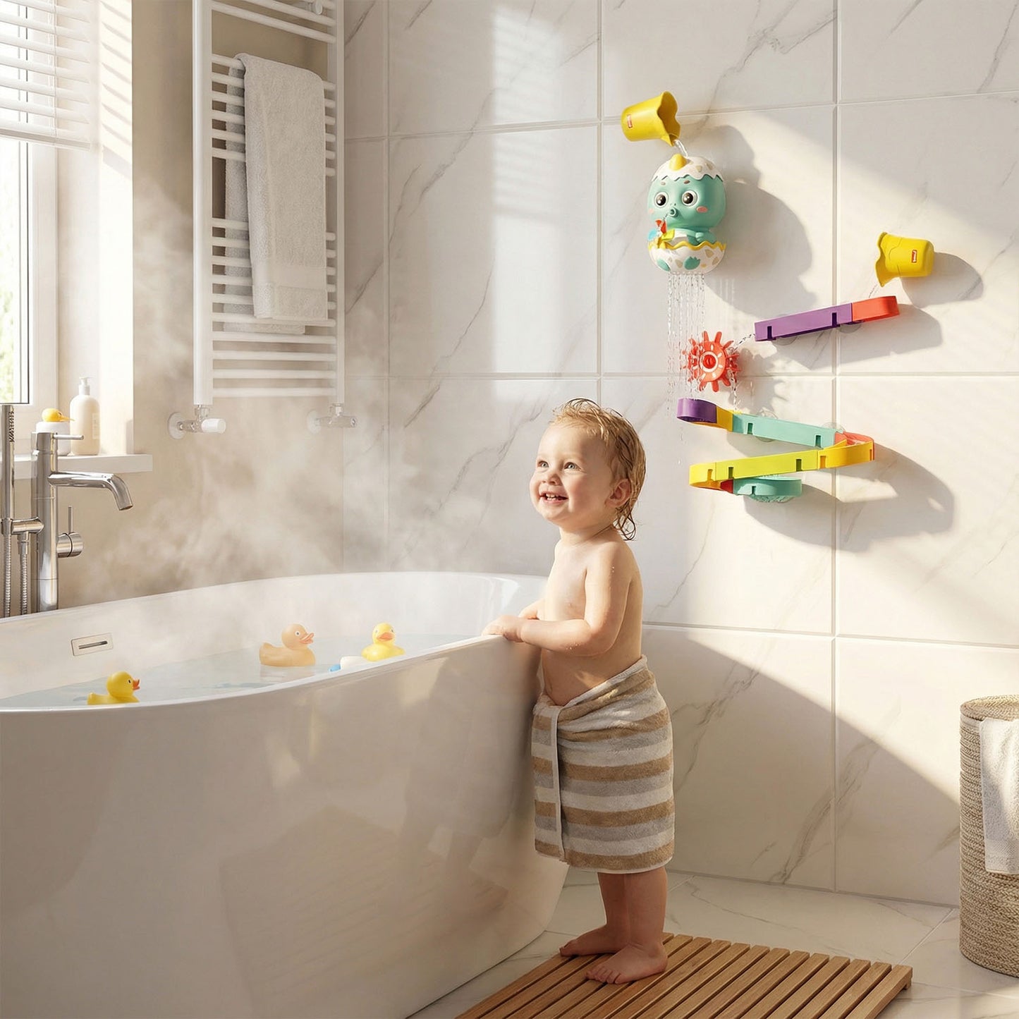 Dinosaur Bath Water Track Toy for Babies and Toddlers – Interactive Suction Cup Waterfall Bath Play Set with Colorful Tracks and Rotating Water Wheels - Qatar