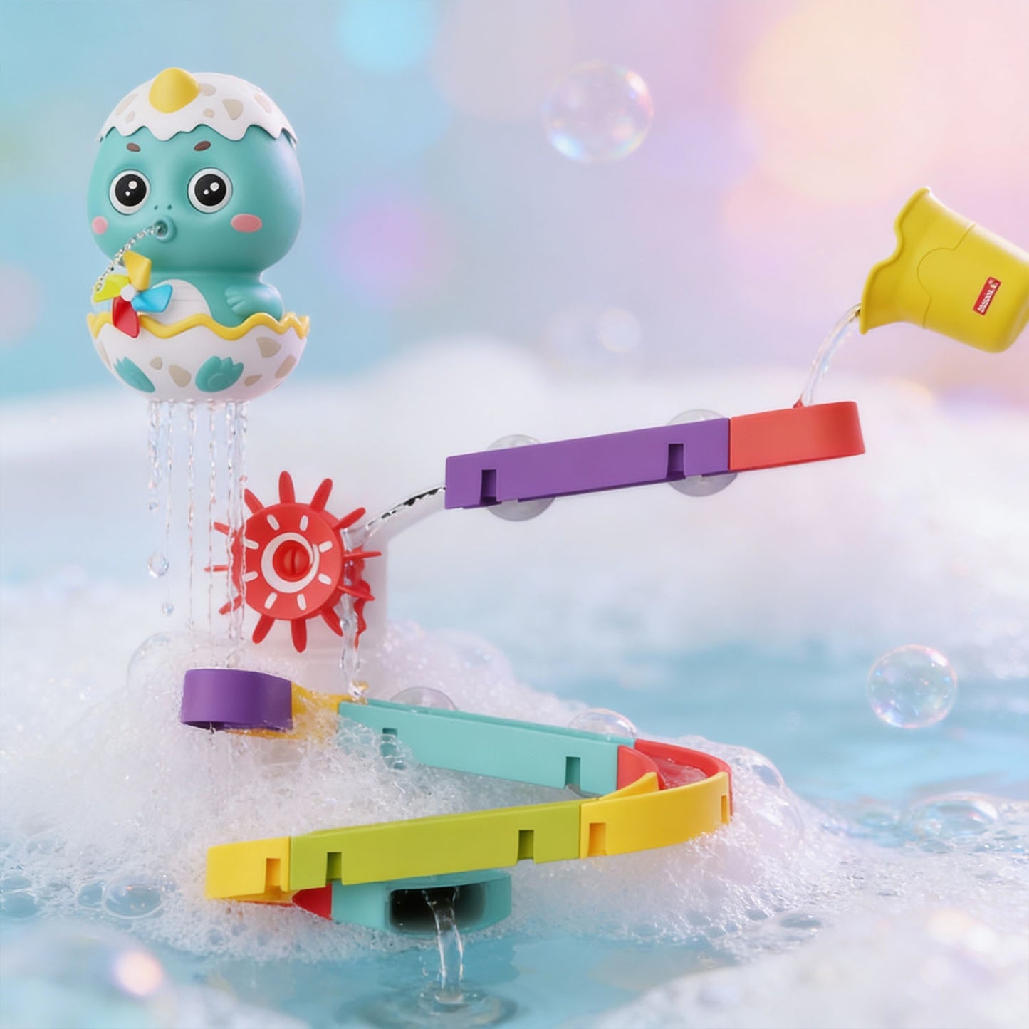Dinosaur Bath Water Track Toy for Babies and Toddlers – Interactive Suction Cup Waterfall Bath Play Set with Colorful Tracks and Rotating Water Wheels - Qatar