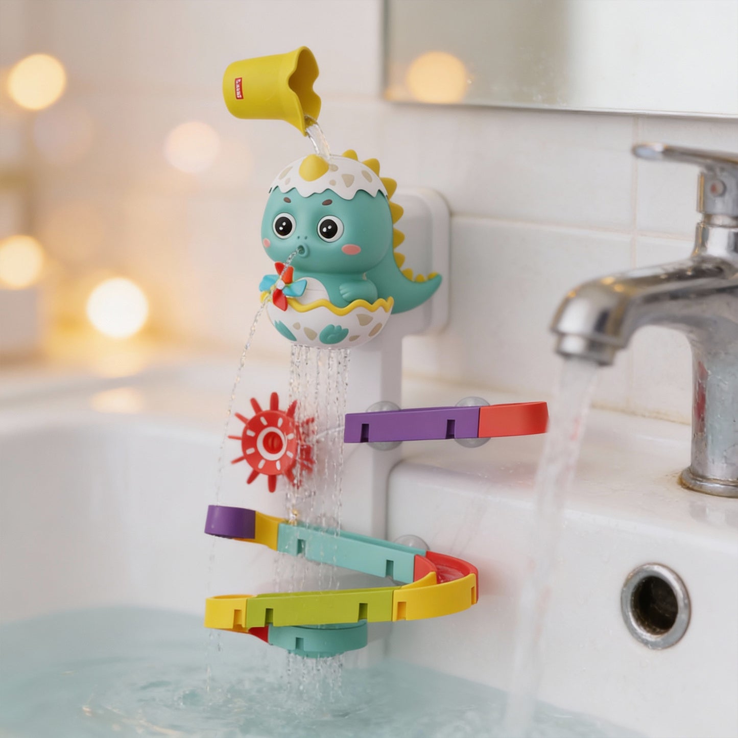 Dinosaur Bath Water Track Toy for Babies and Toddlers – Interactive Suction Cup Waterfall Bath Play Set with Colorful Tracks and Rotating Water Wheels - Qatar