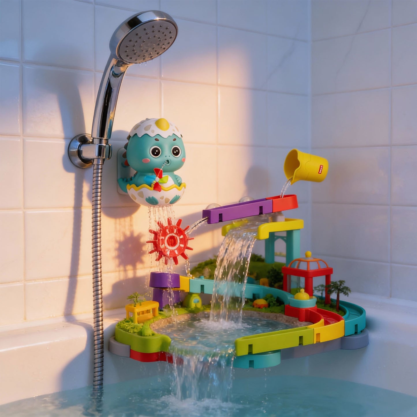 Dinosaur Bath Water Track Toy for Babies and Toddlers – Interactive Suction Cup Waterfall Bath Play Set with Colorful Tracks and Rotating Water Wheels - Qatar