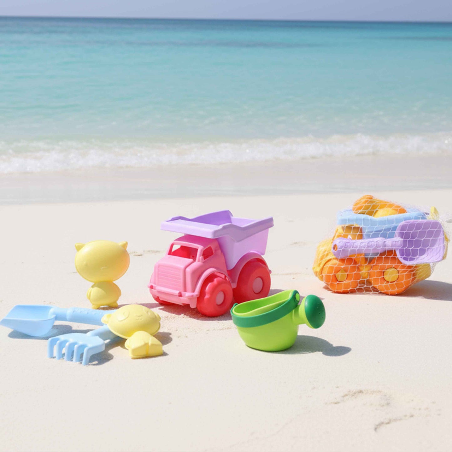 Kids Beach Sand Toy Set – Mini Dump Truck + Watering Can, Shovel, Rake & Turtle Molds