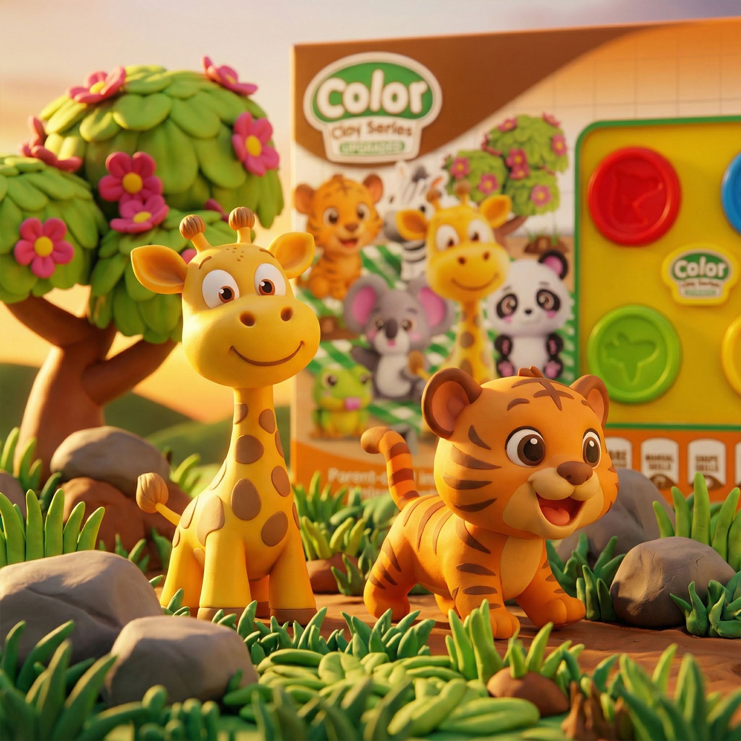 Toy giraffe and tiger in a colorful outdoor setting with 'Color' toy series packaging in the background.