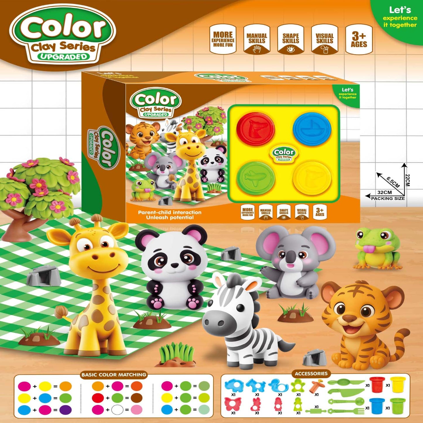 Color Clay Series toy set with animal figures and packaging on a checkered tablecloth.