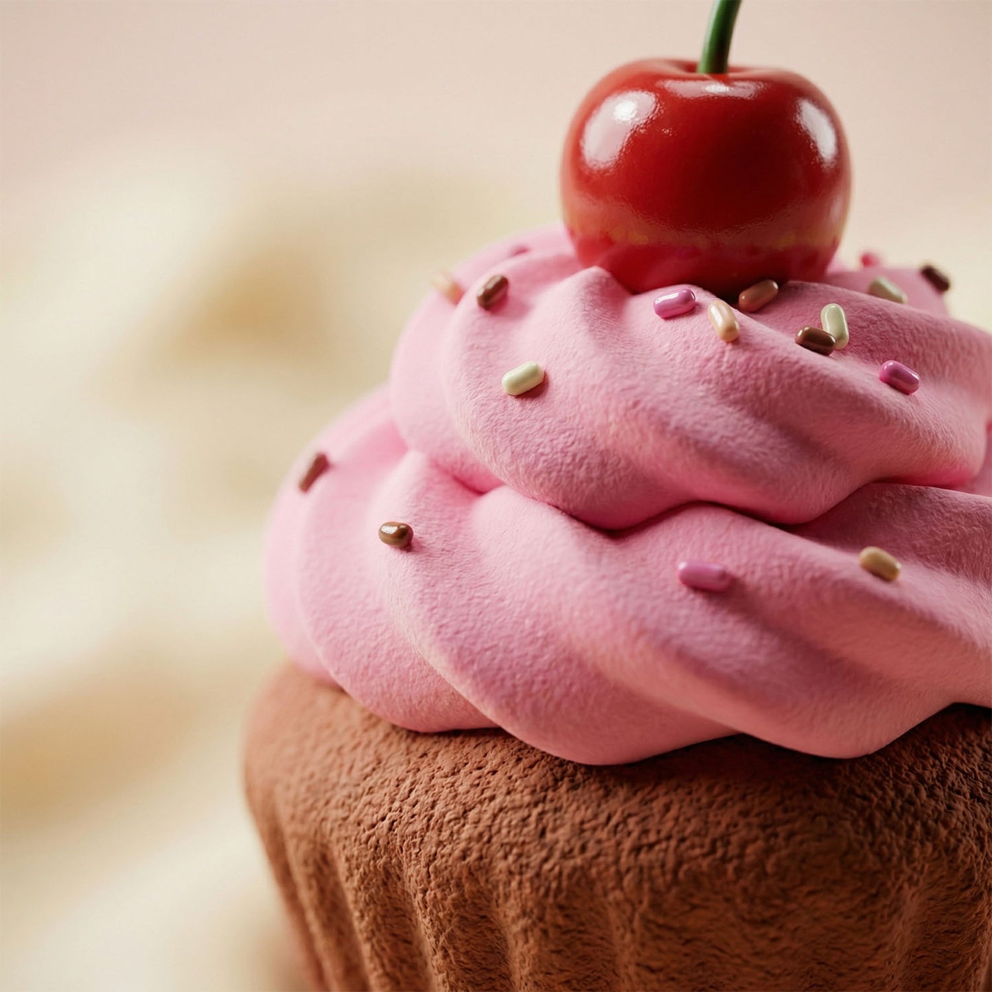 Chocolate cupcake with pink frosting and a cherry on top against a blurred background