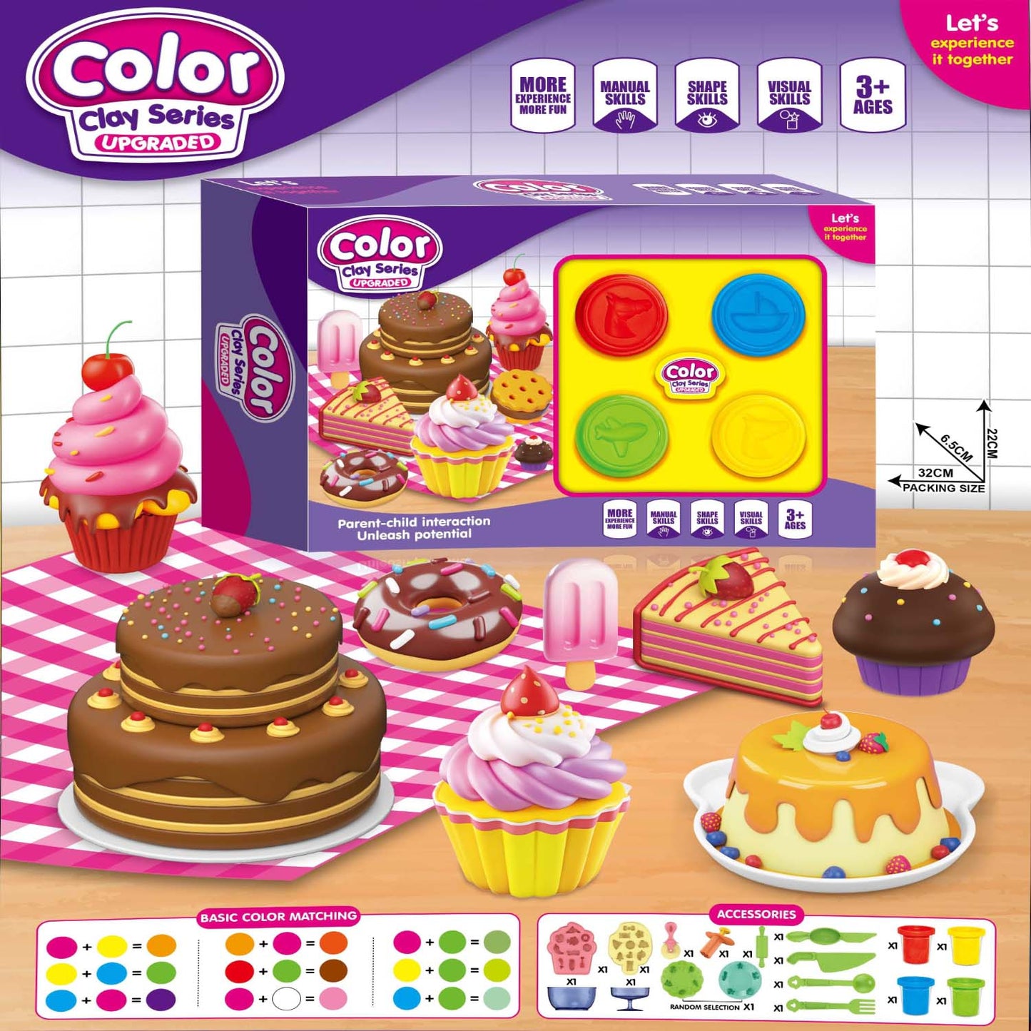 Color Clay Series toy set packaging with toy cakes and tools on a checkered tablecloth.