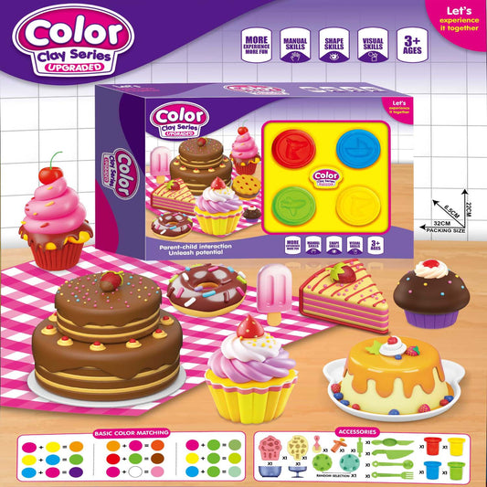 Color Clay Series toy set packaging with toy cakes and tools on a checkered tablecloth.