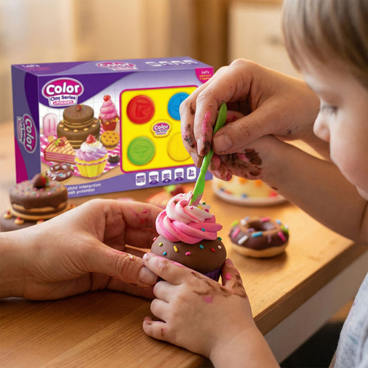 Kids dessert color clay playset with cake and cupcake molds