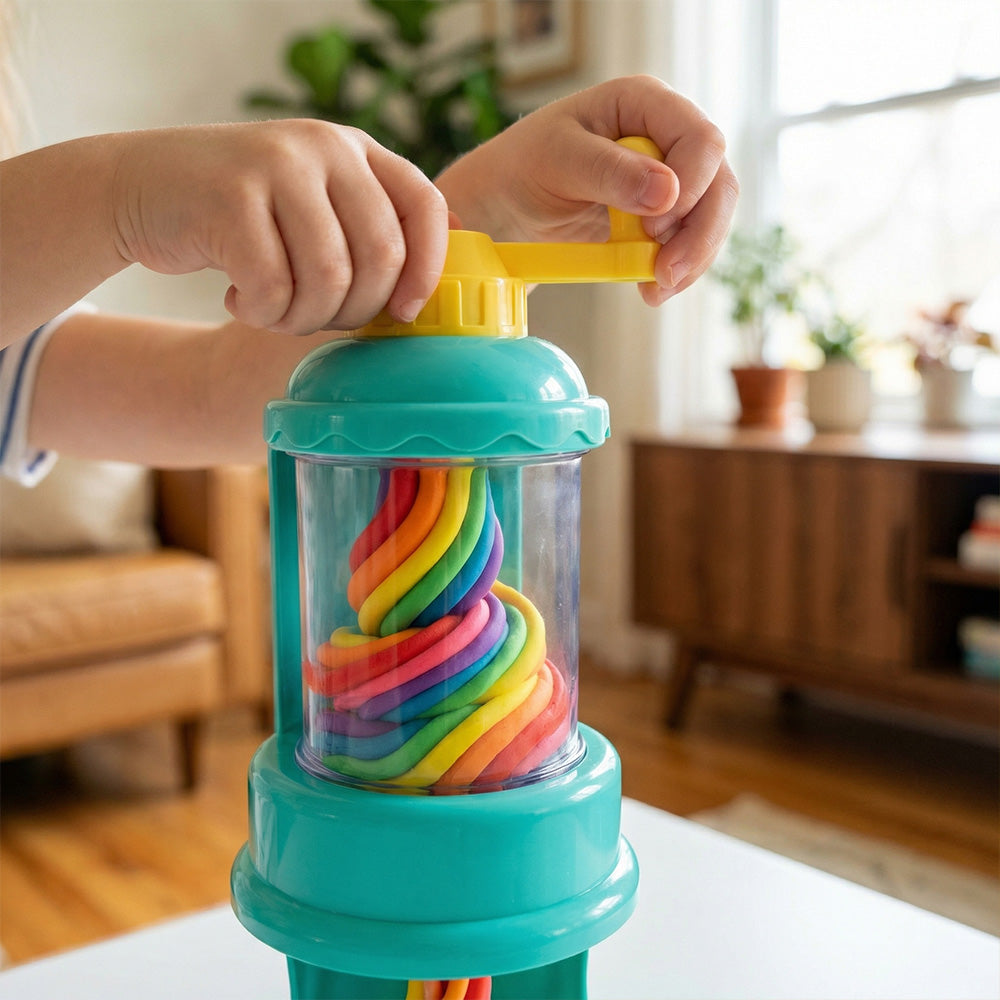 Child playing with a colorful toy that creates rainbow-patterned yarn.
