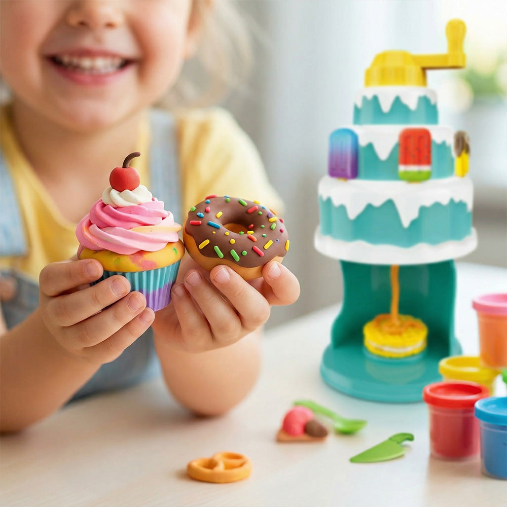 Kids color clay cake machine playset with dessert accessories
