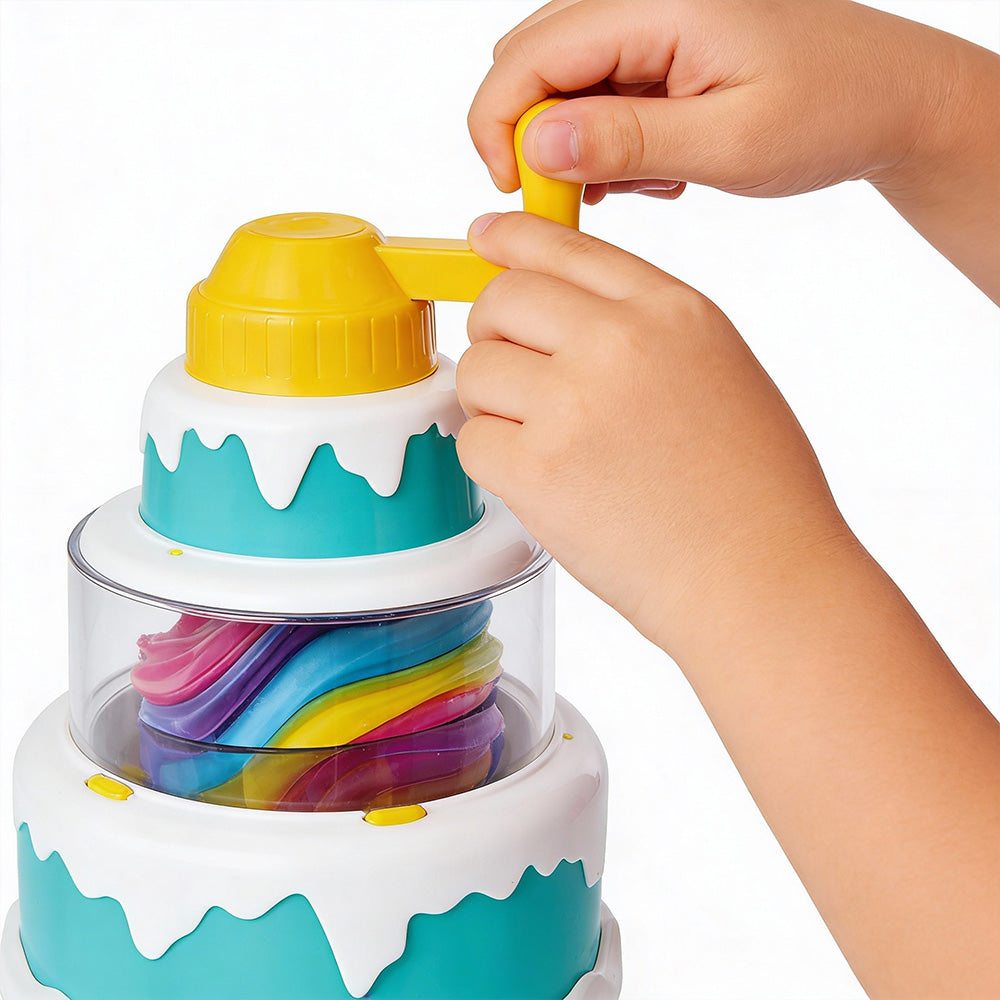 Colorful toy ice cream maker with child's hand interacting with it 