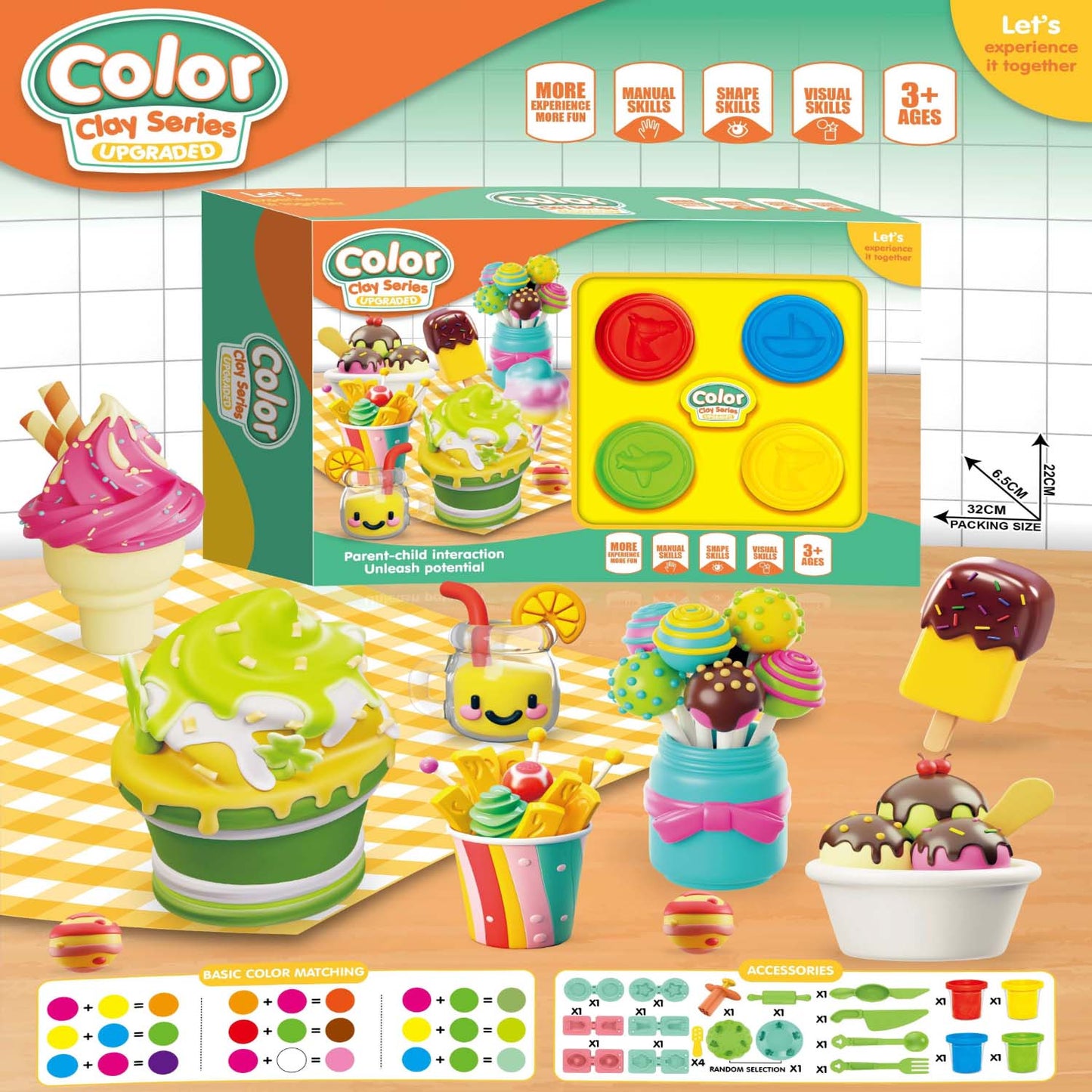 Kids ice cream color clay playset with dessert molds
