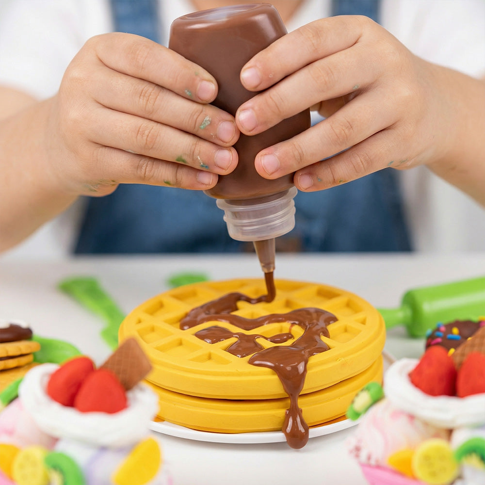 Children modeling clay dessert toy with food accessories
