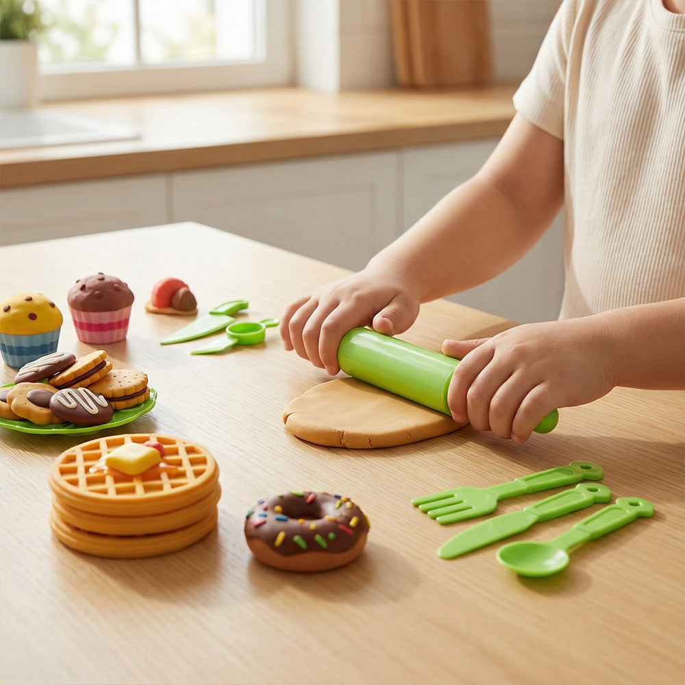Child playing with toy kitchen items on a wooden table