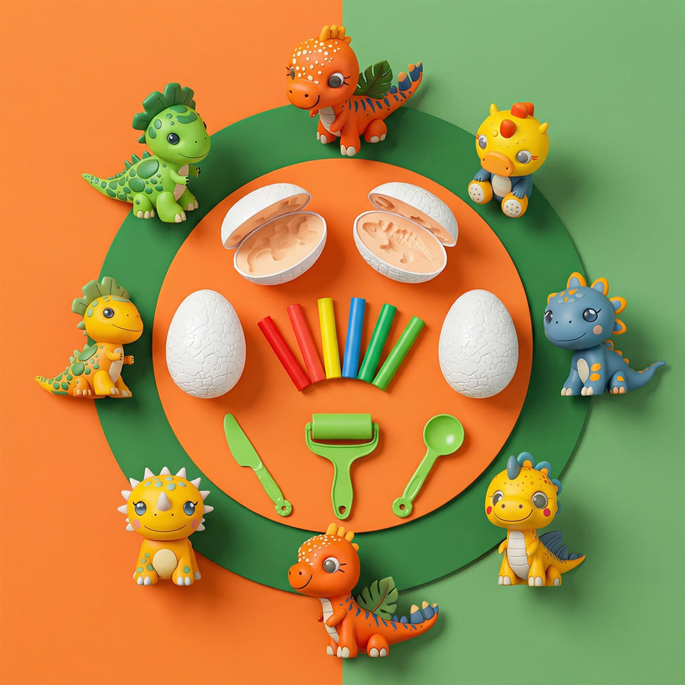 Children modeling clay dinosaur toy with egg molds