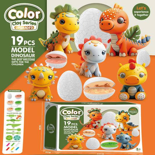 Color Clay Series upgraded model dinosaur set with colorful dinosaurs and packaging on an orange background