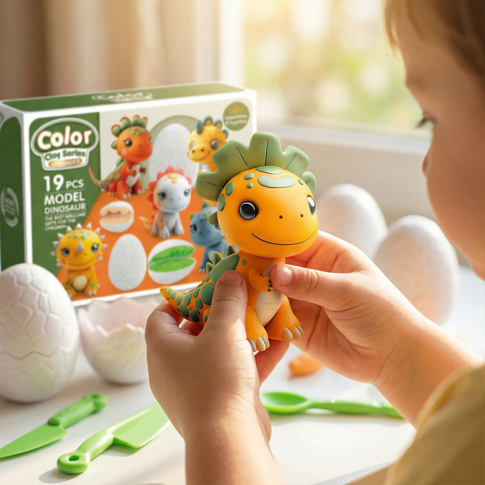 Children modeling clay dinosaur toy with egg molds