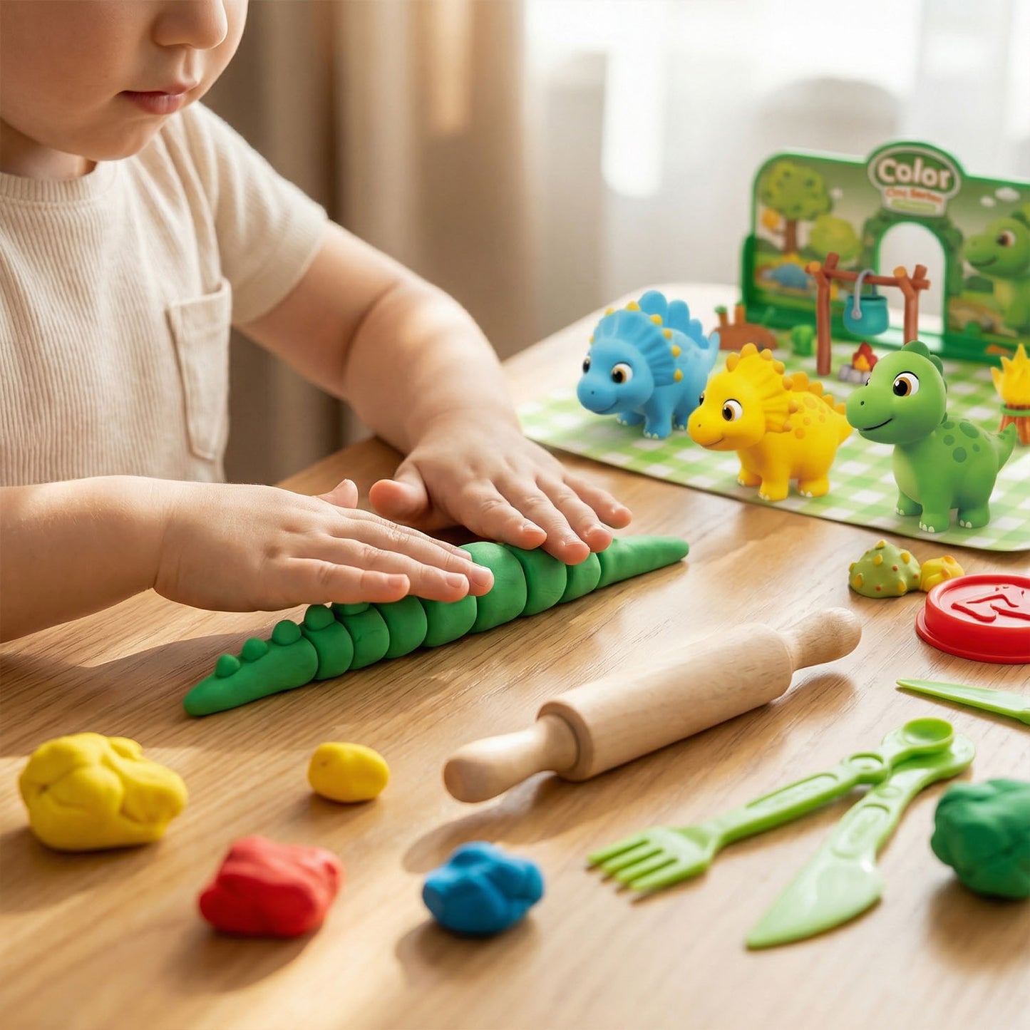 Kids dinosaur color clay playset with molds and accessories
