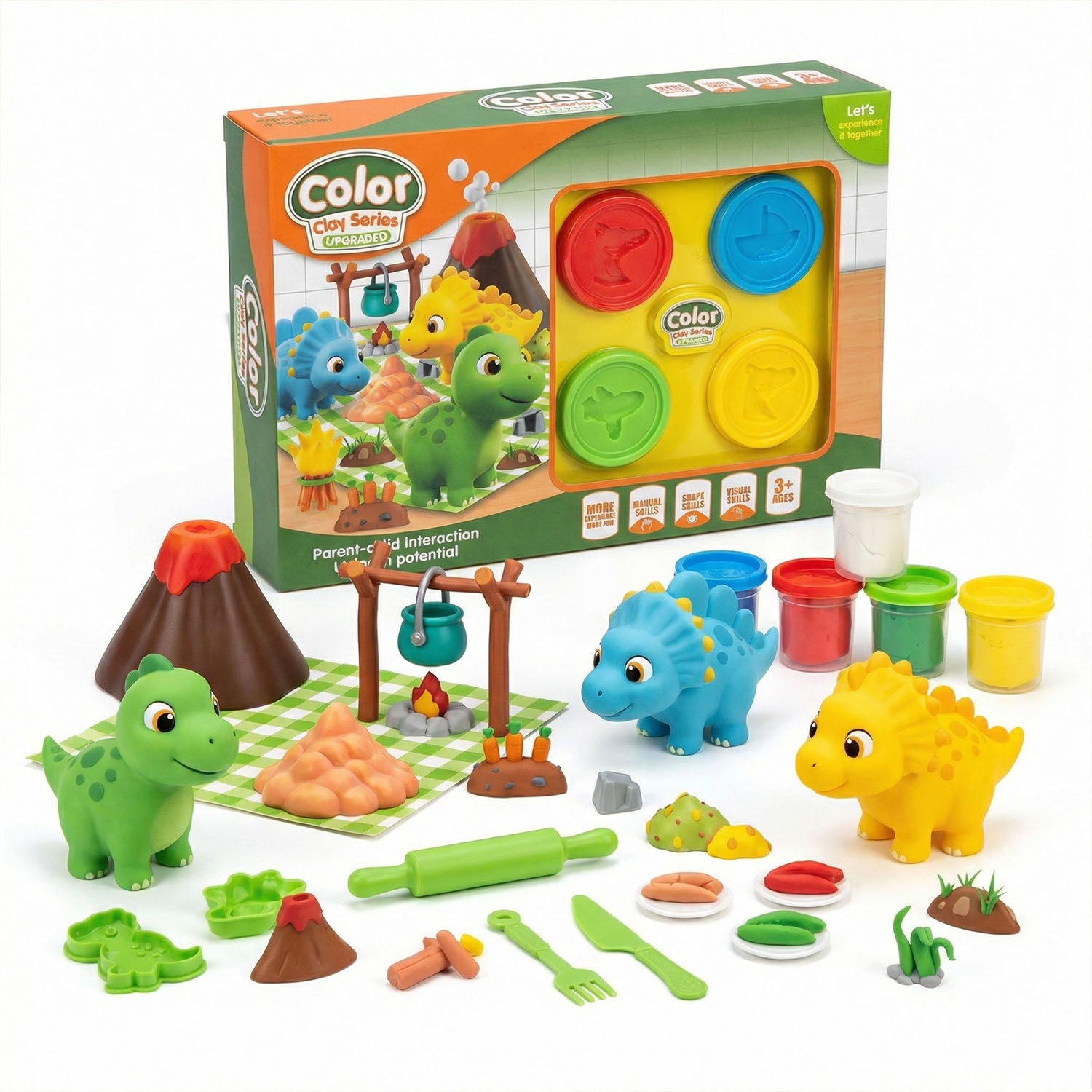 Children modeling clay dinosaur toy set
