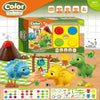 Color Clay Series toy set with dinosaur figures and packaging on a wooden surface.