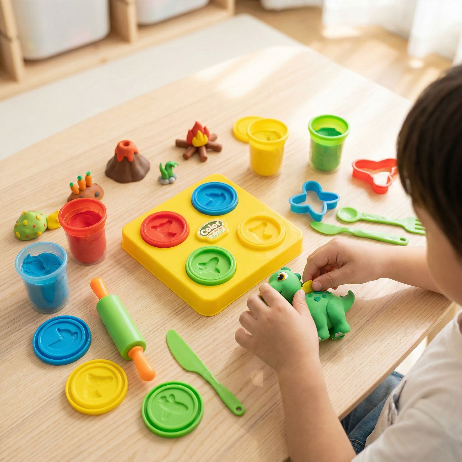 Children modeling clay dinosaur toy set